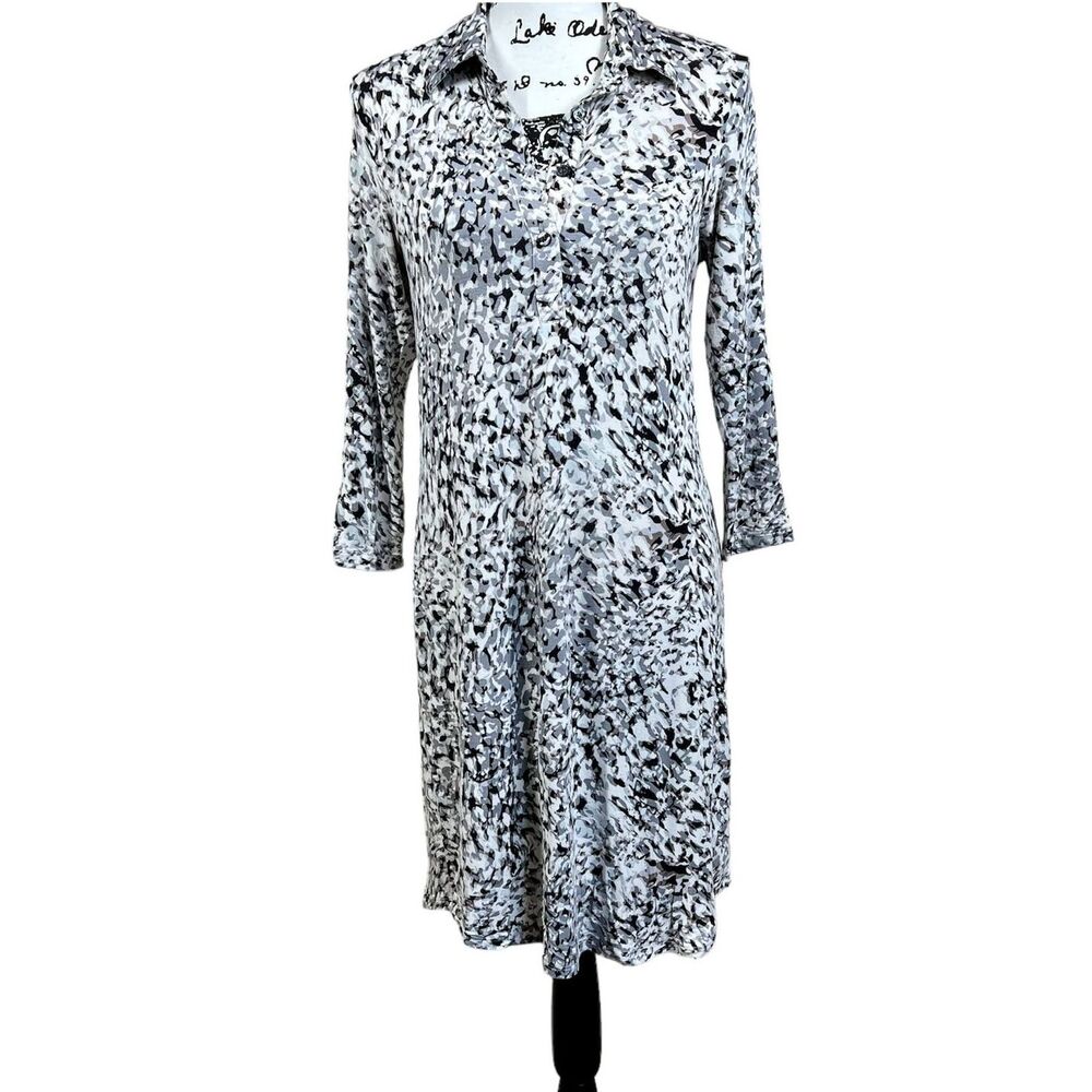 CAbi 822 Black White Grey Print Jersey Stretch Dress collar 3/4 sleeves party S